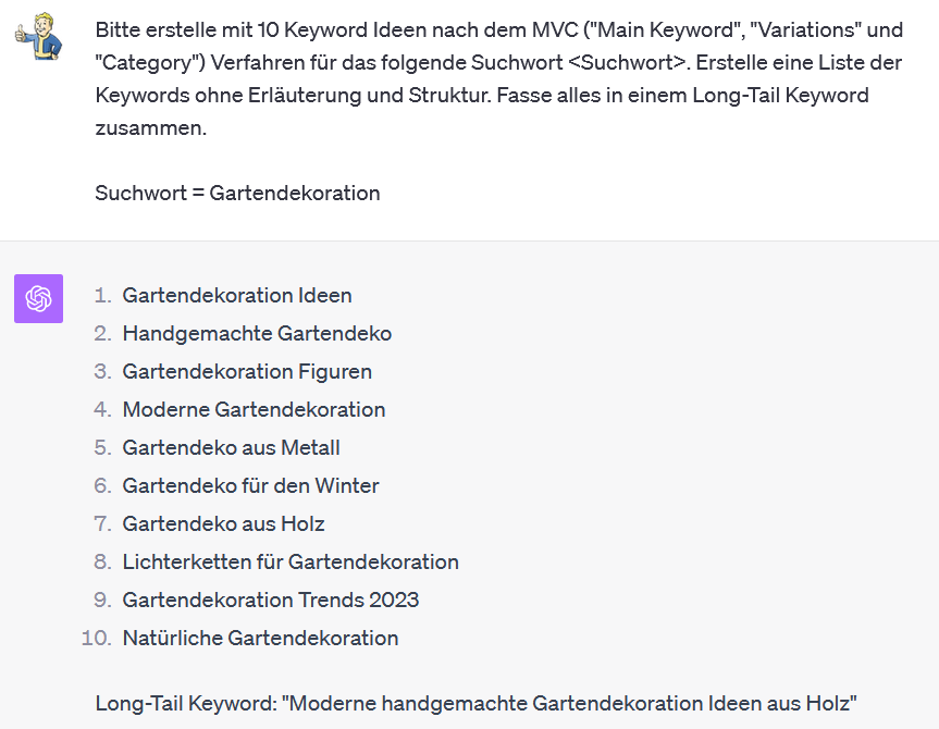 ChatGPT im Marketing erstellt 10 Ideen für Keywords zur SEO Optimierung