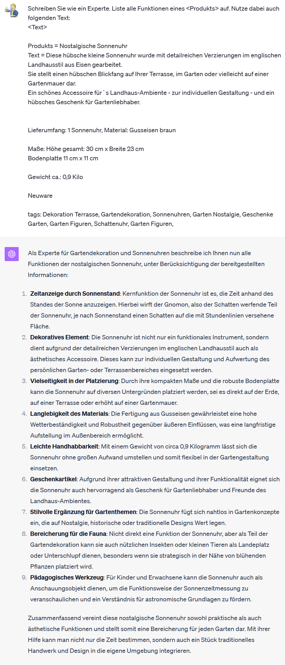 Funktionsübersicht einer Sonnenuhr erstellt durch ChatGPT im Marketing